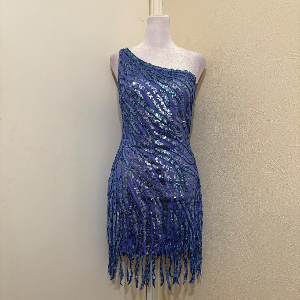 Purple Blue Sequin Fringe One Shoulder Mini Dress Party Strappy Mermaid Fairy S